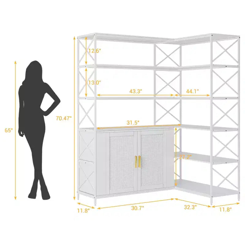 Étagère d'angle – Bibliothèque d'angle à 6 niveaux avec rangement, étagère en forme de L style ferme avec placard, bibliothèque industrielle moderne pour bureau à domicile