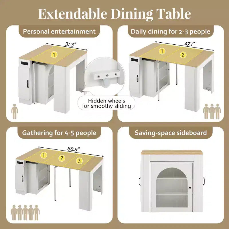 Table à manger extensible Whisen, table îlot mobile roulante avec 3 rallonges amovibles, meuble de rangement