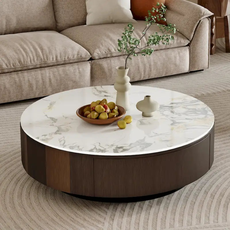 Table basse ronde moderne en faux marbre 35 po, plateau en pierre frittée blanche brillante, table du milieu du siècle avec tiroir en bois massif