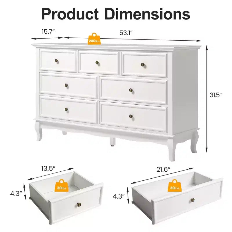 Commode à 7 tiroirs avec pieds en bois massif
