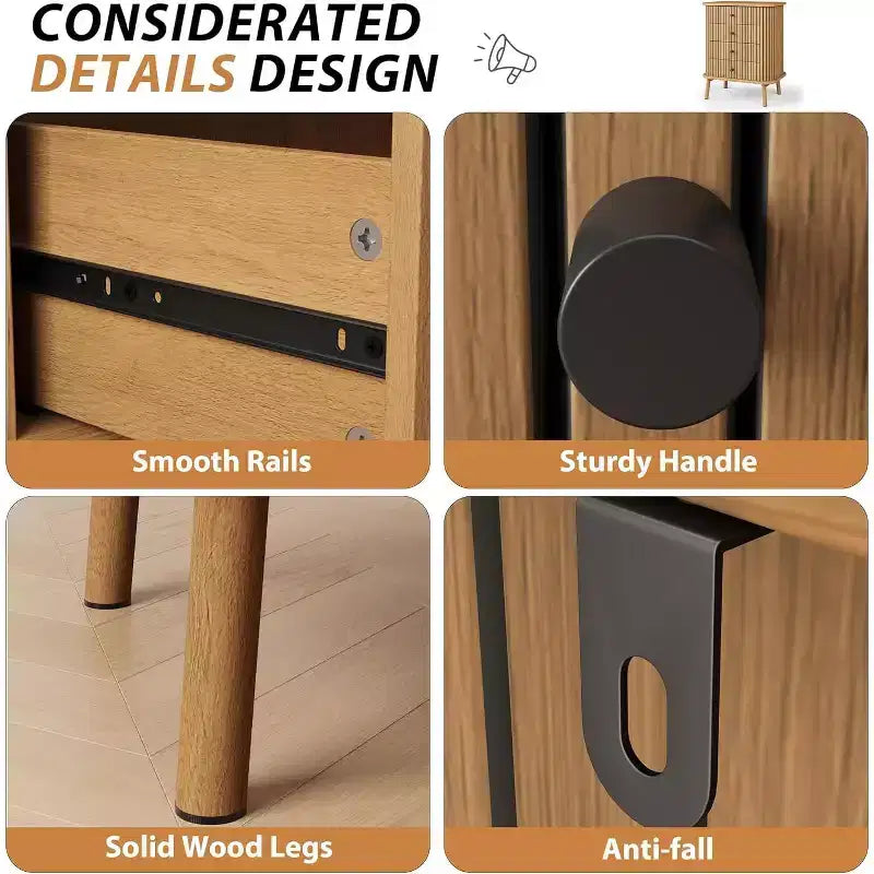 Commode, commode horizontale à 6 tiroirs avec poignées noires et pieds en bois, aspect bois naturel