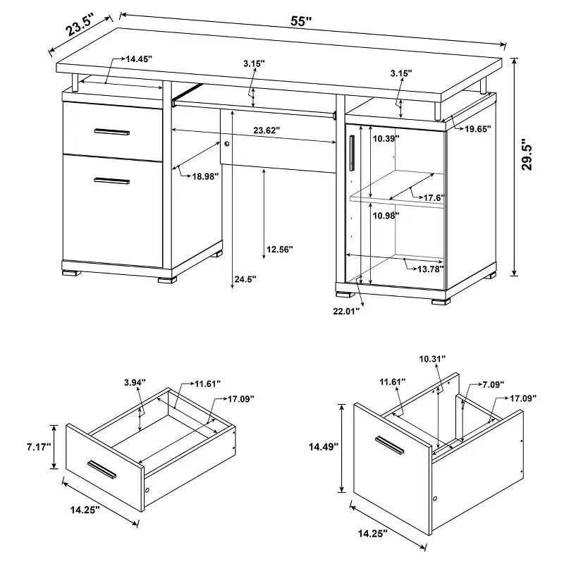 Bureau d'écriture en bois de 55 po avec 2 tiroirs, 1 placard, 1 étagère ouverte et porte pour bureau à domicile ou salle d'étude