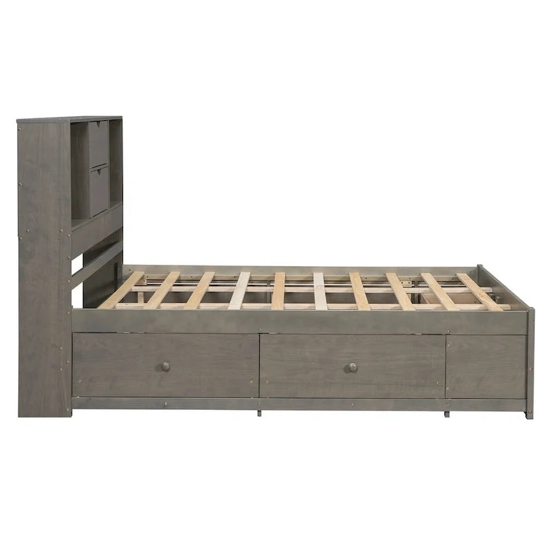 Lit moderne queen size gris en bois avec tête de lit de rangement et 8 tiroirs
