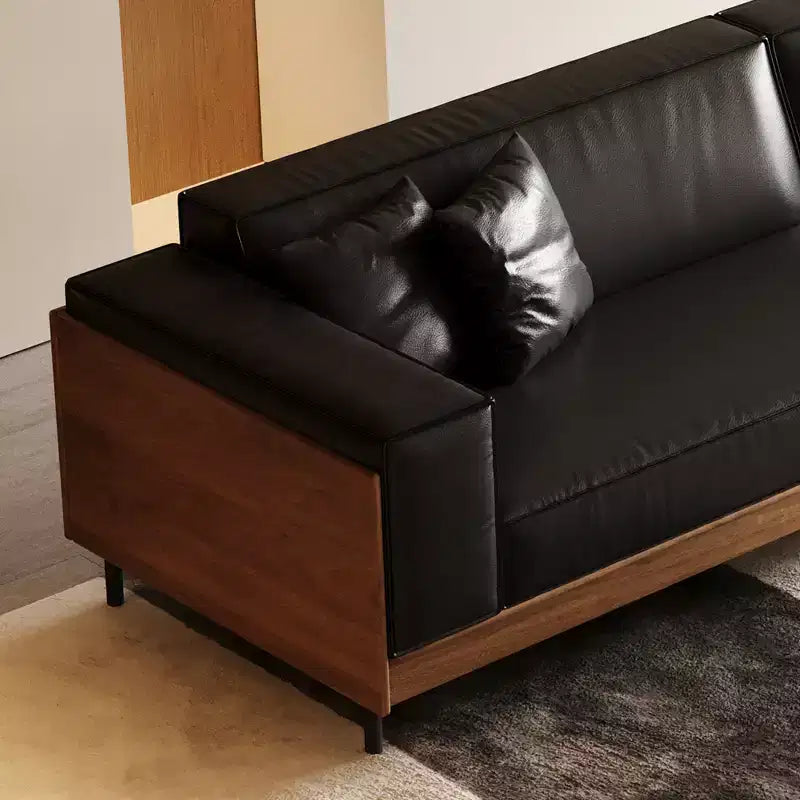98.42 Canapé en cuir contemporain avec cadre en bois massif, pieds en métal et 3 coussins décoratifs