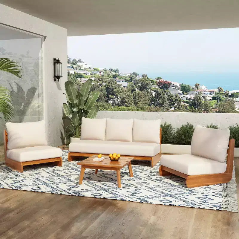 Christopher Knight Home Tavriel Ensemble de 5 places assises de terrasse en bois d'acacia style moderne du milieu du siècle avec coussins épais, table non incluse