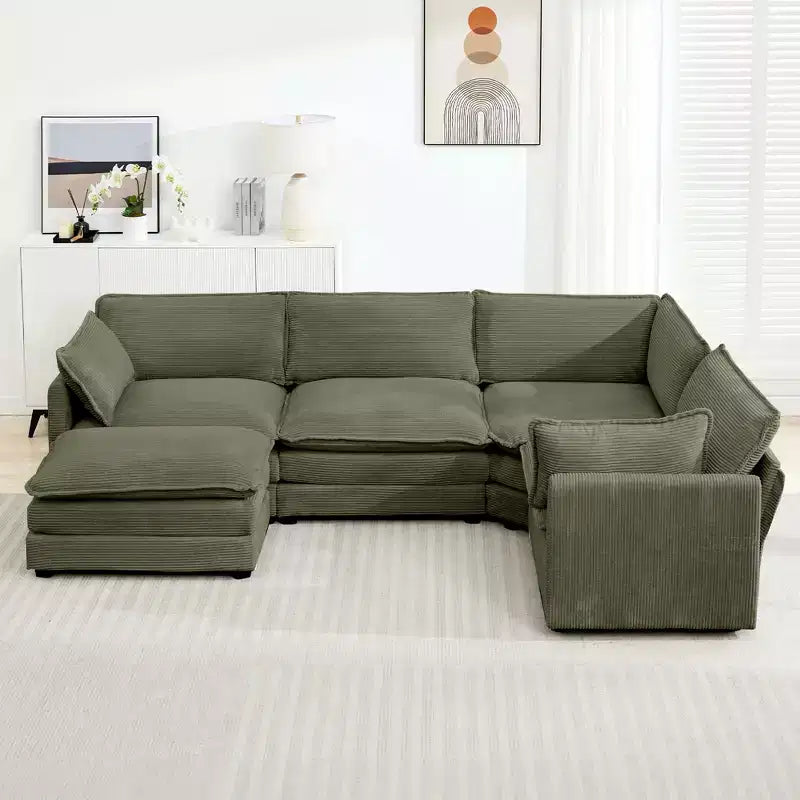 Canapé sectionnel modulaire moderne 5 places en velours côtelé, surdimensionné, 288 cm (L) x 201 cm (l), avec pouf, canapé en forme de U avec canapé d'angle, HYLEORY