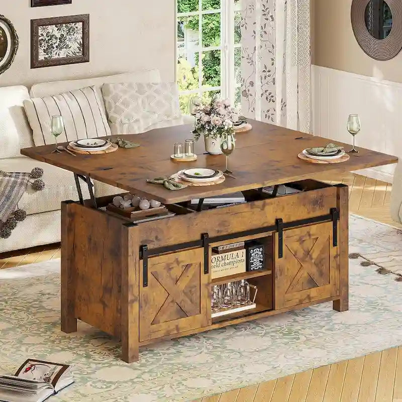 Table basse relevable 2 portes coulissantes style grange Table à manger avec rangement