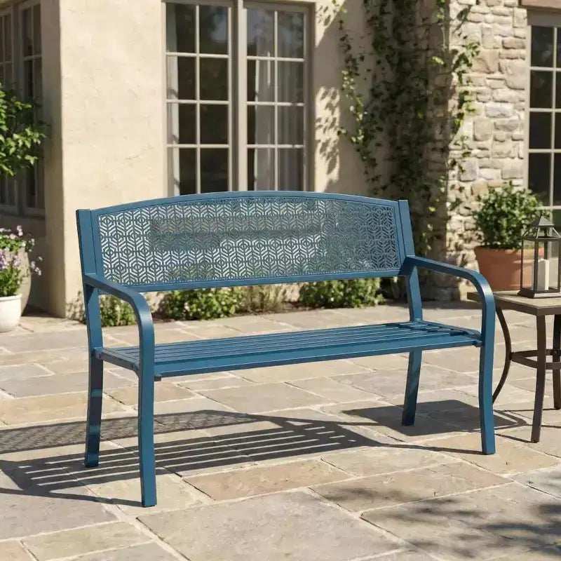 Banc d'extérieur en métal 2 places pour jardin, bancs en acier avec dossier géométrique pour terrasse, jardin et porche
