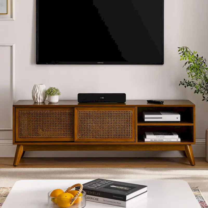 Meuble TV vintage en rotin avec 2 placards de rangement et 4 pieds en bois pour salon, chambre et bureau
