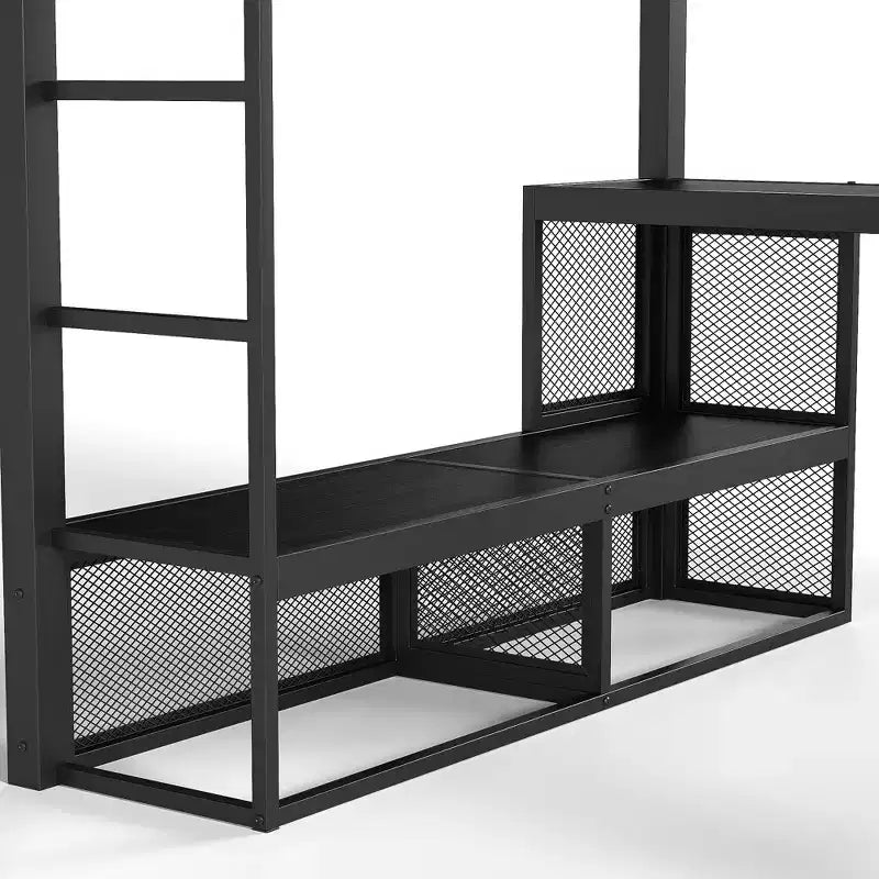 Bellemave Lit mezzanine queen en métal avec bureau, étagères de rangement et tringle à vêtements, cadre de lit mezzanine peu encombrant avec garde-corps et échelle, sans sommier tapissier, noir