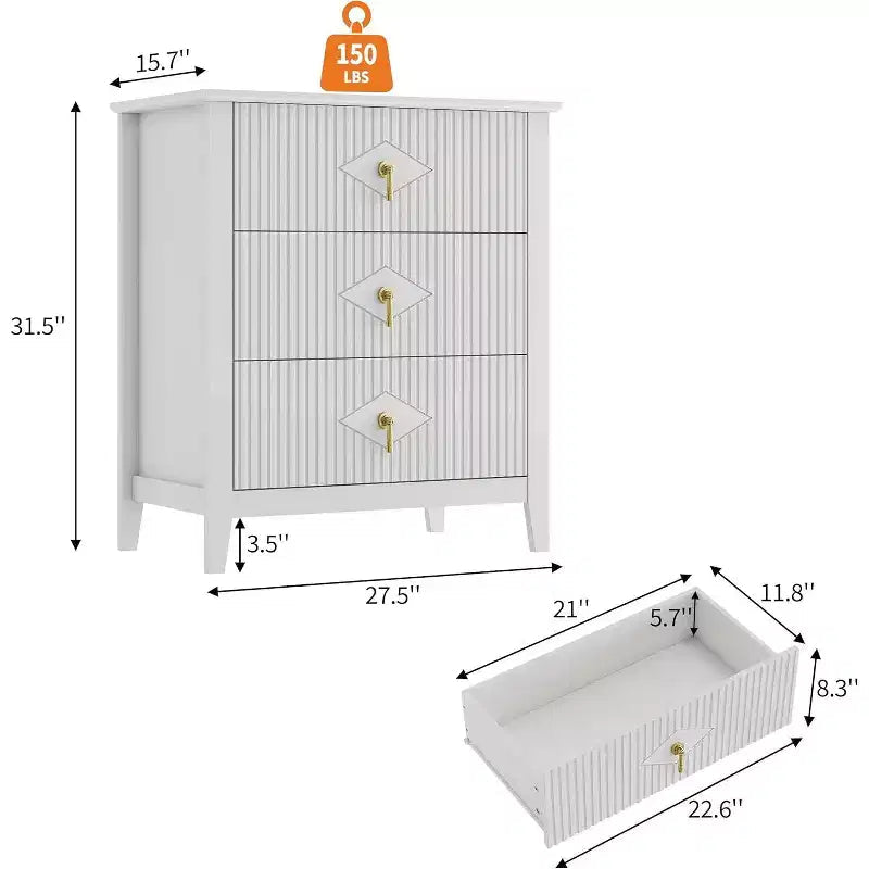 2 tables de chevet cannelées en bois, commode à 3 tiroirs de 69,85 cm de large, tables de nuit modernes, commode de chambre à coucher, salon