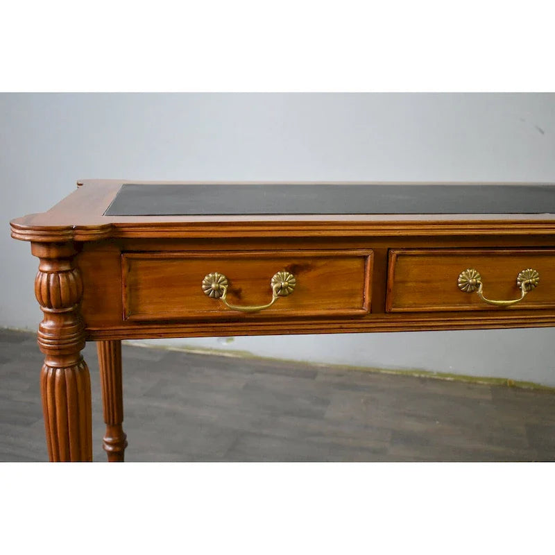 Bureau de style victorien en acajou massif, brun foncé / brun clair, avec plateau en cuir noir et 3 tiroirs – unité simple