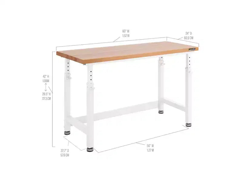 Établi robuste avec plateau en bois et hauteur réglable de 60 po