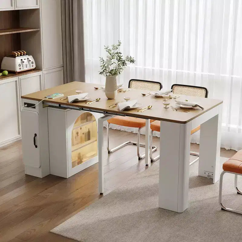 Table à manger extensible Whisen, table îlot mobile roulante avec 3 rallonges amovibles, meuble de rangement
