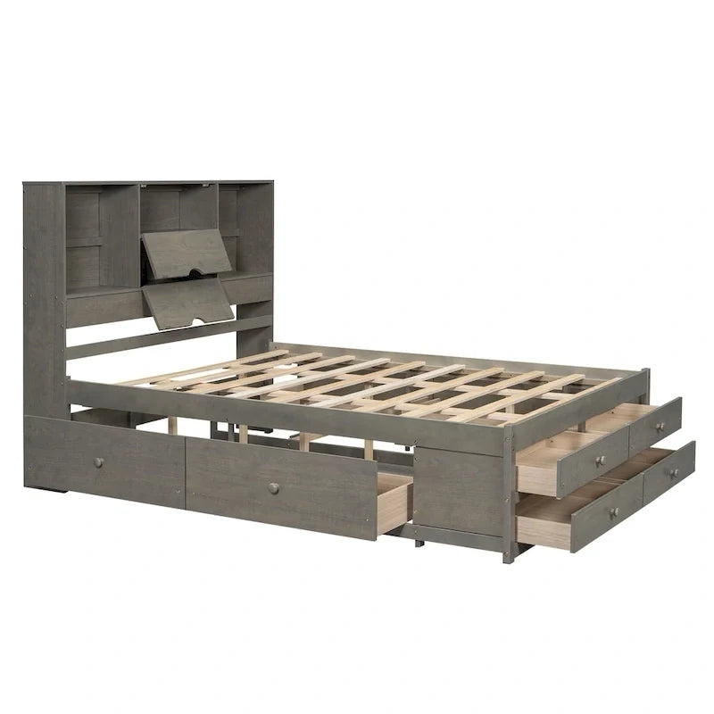 Lit moderne queen size gris en bois avec tête de lit de rangement et 8 tiroirs