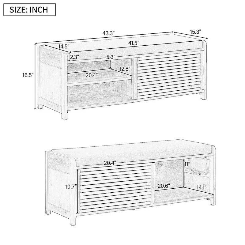 Banc de rangement en bois massif 43.30 avec stores contemporains à l'aspect vieilli