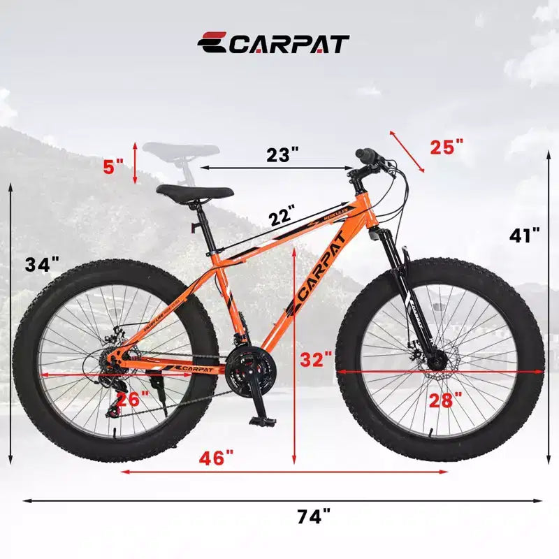 Vélo NAYSAYE 26 pouces à pneus larges, 21 vitesses, équipement complet pour adultes et jeunes, tout-terrain, orange, 74*25*41