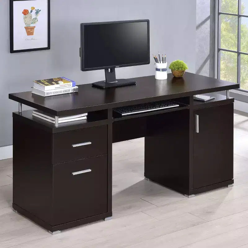 Bureau d'écriture en bois de 55 po avec 2 tiroirs, 1 placard, 1 étagère ouverte et porte pour bureau à domicile ou salle d'étude