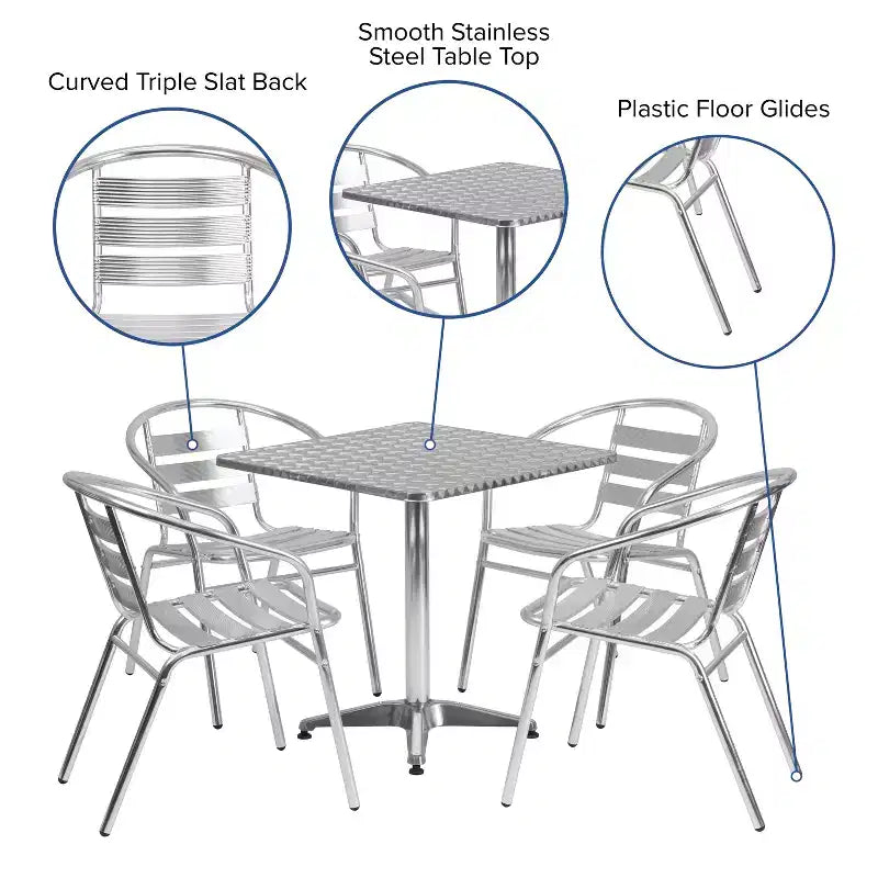 Ensemble table carrée en aluminium Emma et Oliver 27,5 avec 4 chaises à dossier à lattes