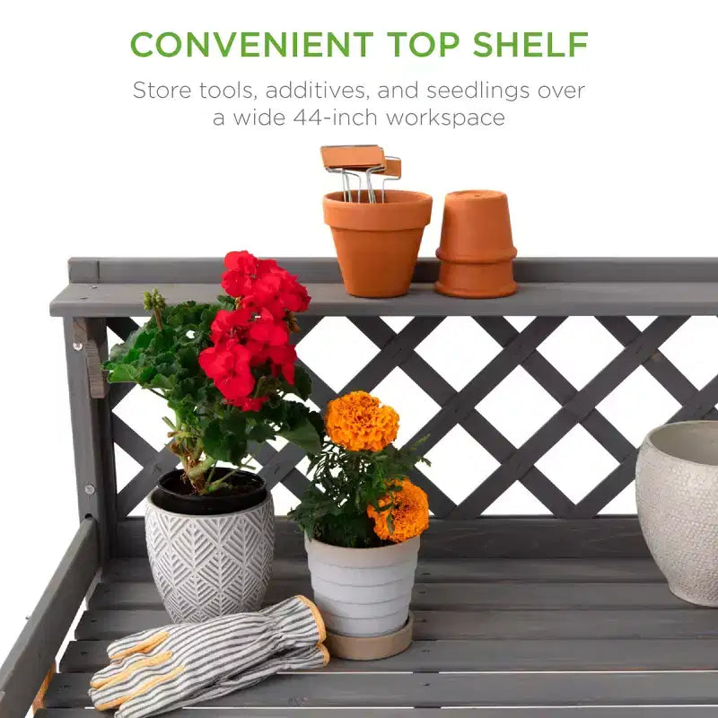 Table de rempotage de jardin en bois pour extérieur Best Choice Products, établi avec tiroir et étagère ouverte