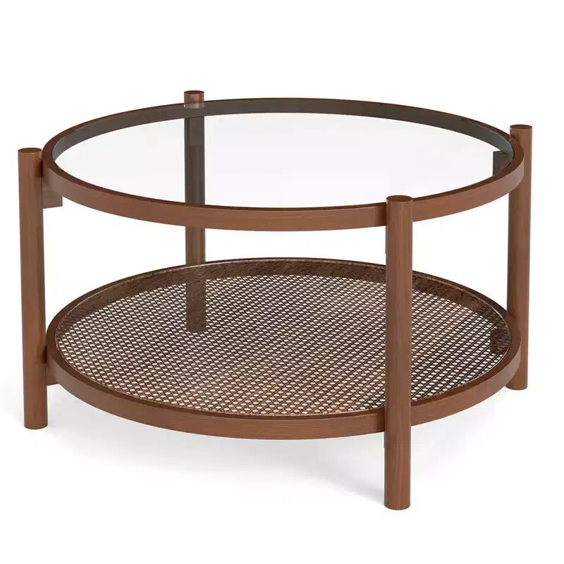 Table basse ronde de 31 po avec plateau en verre trempé et tablette en rotin