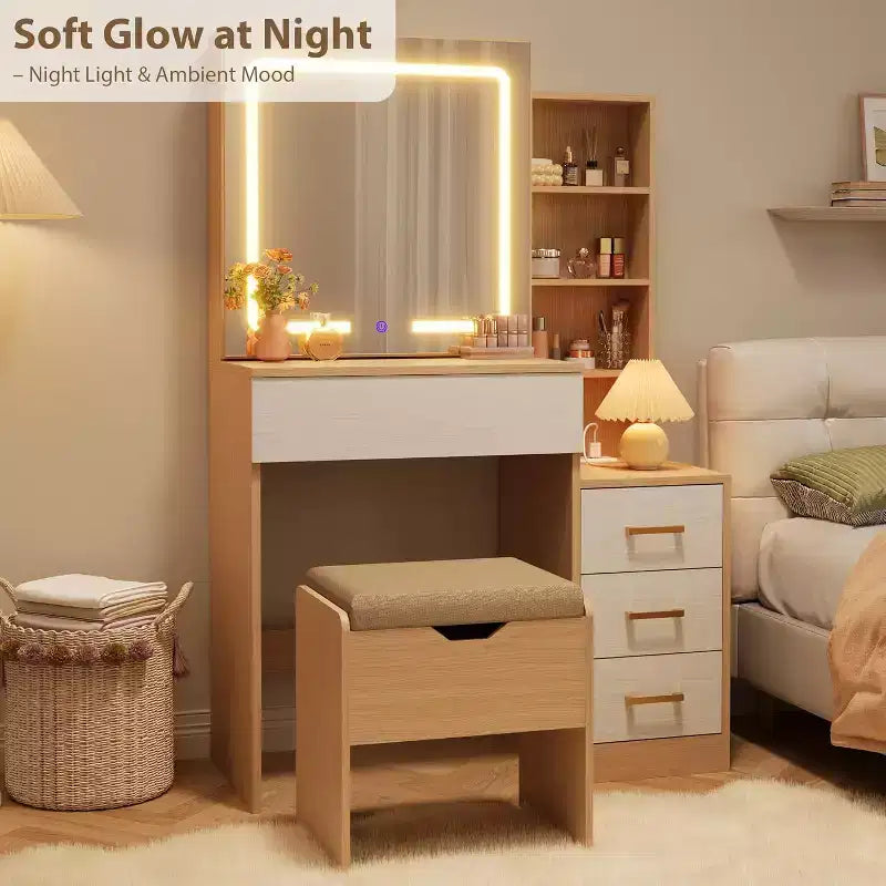 Coiffeuse moderne DobleePy avec miroir coulissant et lumières LED, 4 tiroirs, 7 étagères, station de recharge et tabouret, table de maquillage pour chambre à coucher