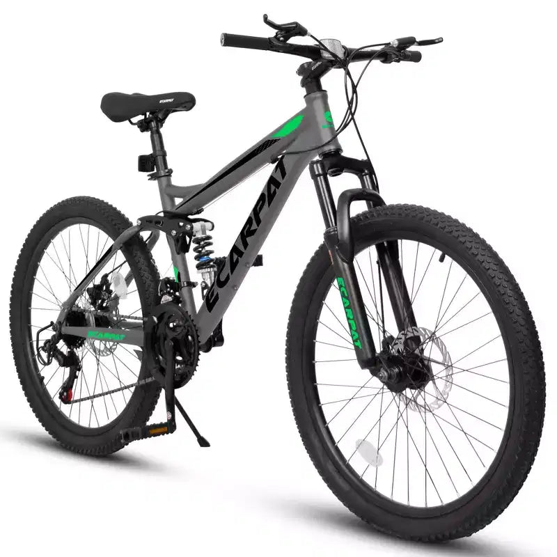 VTT Okak 24 pouces en acier au carbone avec suspension intégrale, vélo homme avec leviers de vitesses 21 vitesses et freins à disque, vélo pour enfants et adultes