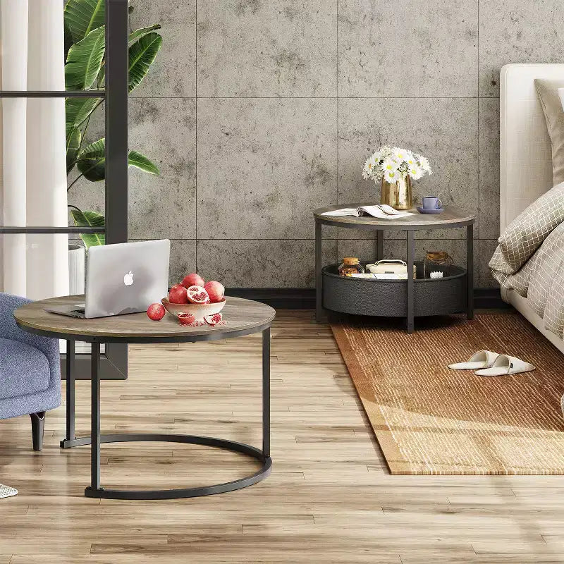 GALAXHERO Lot de 2 tables basses rondes gigognes - Tables d'appoint de 80 cm avec rangement et cadre métallique pour salon/appartement