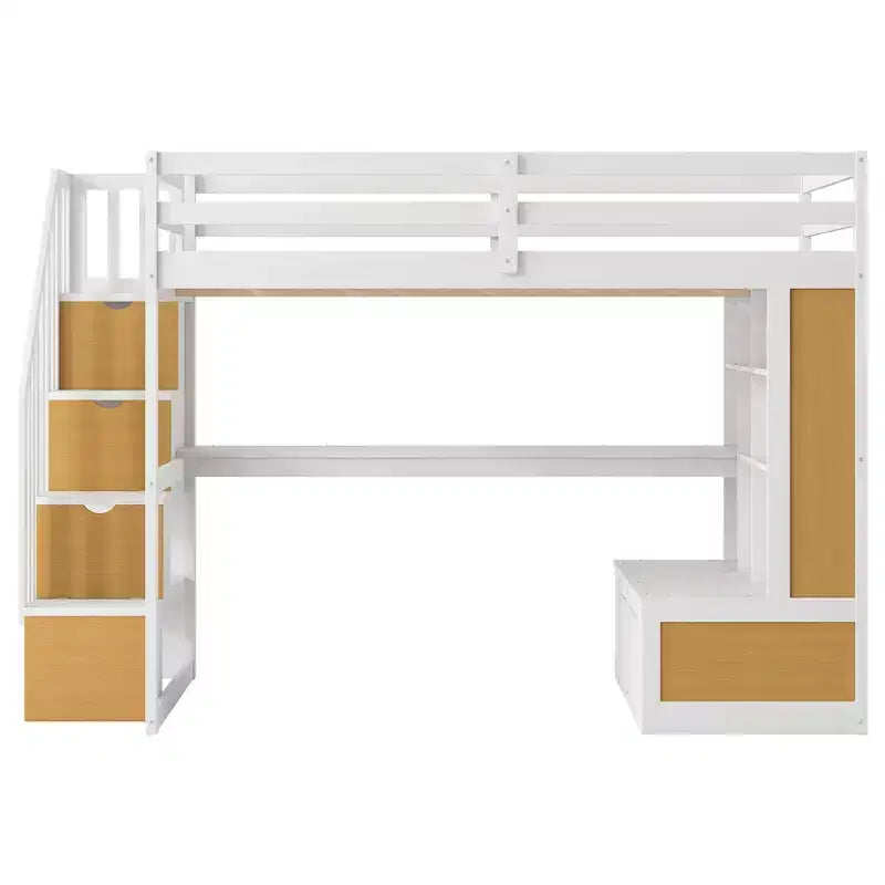 Lit mezzanine pleine grandeur avec escalier et bureau, cadre de lits mezzanine en bois avec tiroirs de rangement et étagères pour adultes, adolescents et enfants