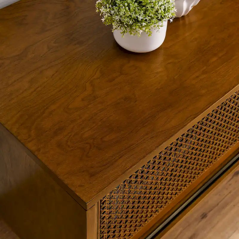 Meuble TV vintage en rotin avec 2 placards de rangement et 4 pieds en bois pour salon, chambre et bureau