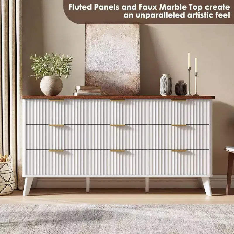 Commode cannelée à 9 tiroirs, 154 cm de large, en bois, avec rangement profond, pour chambre à coucher, salon ou couloir