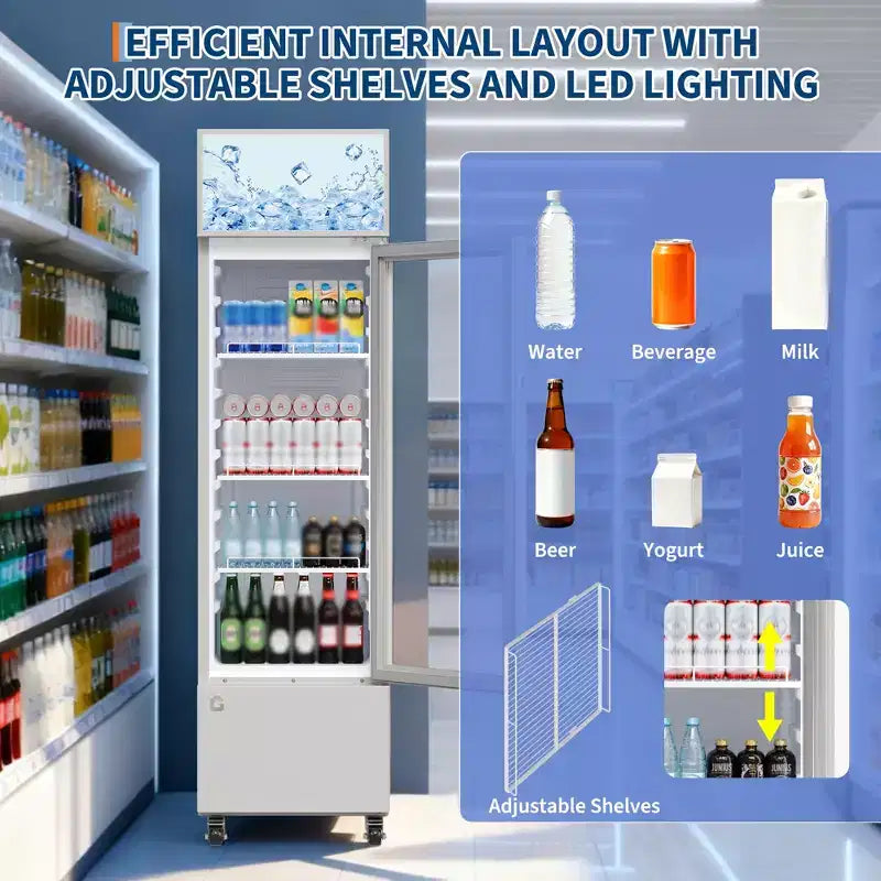 Réfrigérateur à boissons COZONY avec porte vitrée, glacière commerciale de 6,1 pi³ avec boîte lumineuse, sans givre pour bar, restaurant, magasin