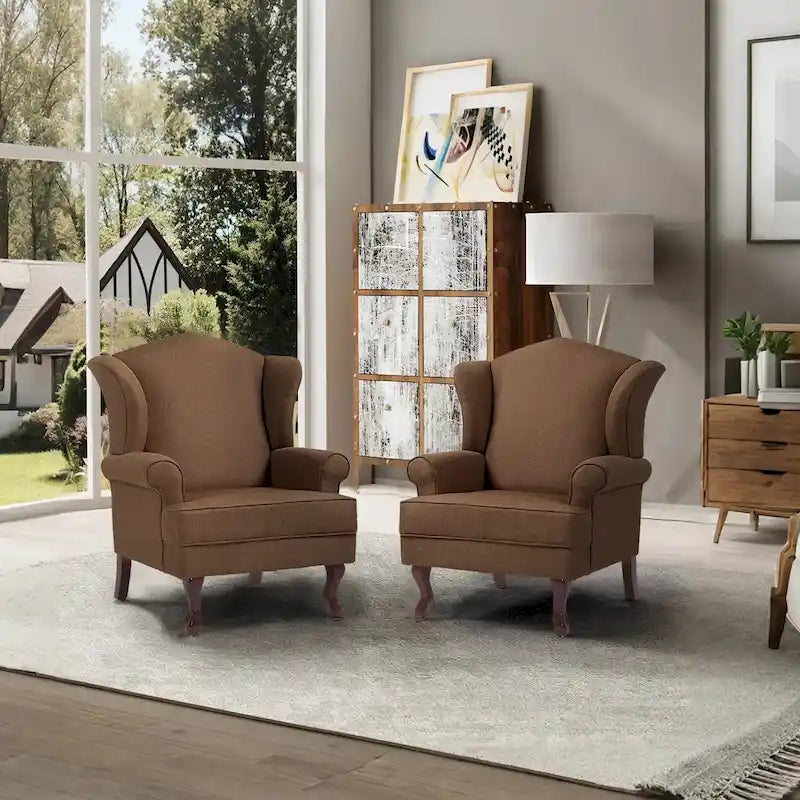 2 fauteuils d'appoint à dossier haut traditionnels, revêtus de tissu