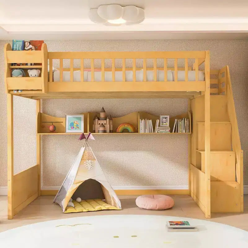 Lit mezzanine double avec escalier, armoire et étagères de rangement – MDF, 295 kg