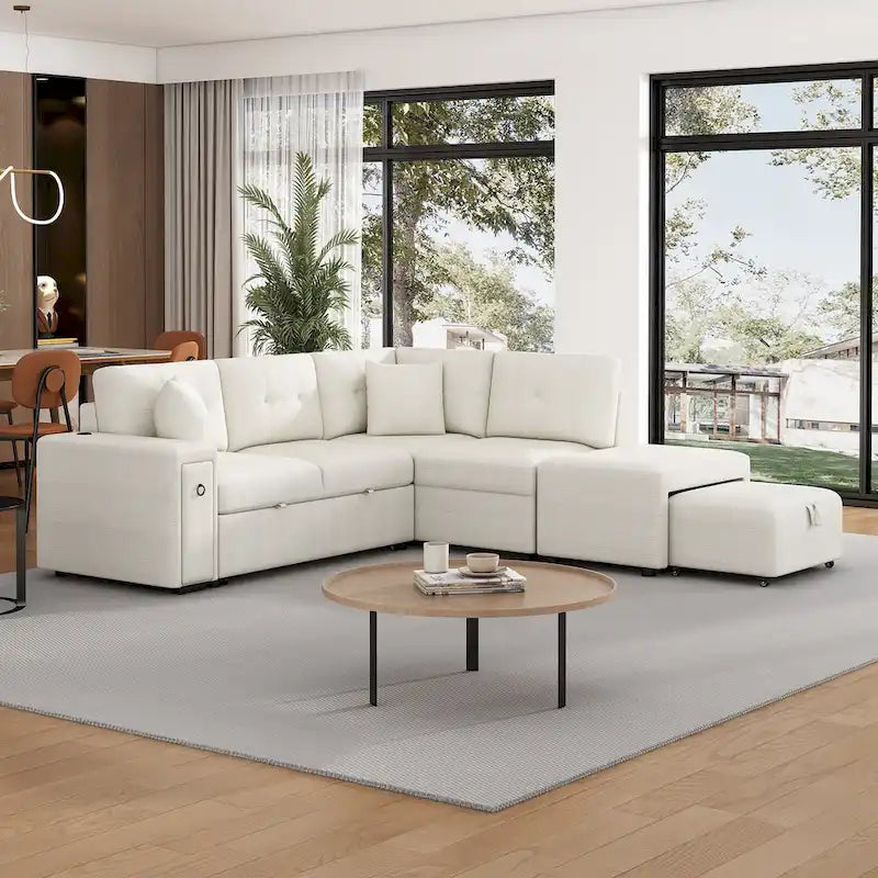 Canapé d'angle 4 places avec lit gigogne, pouf, ports USB et tablette rabattable