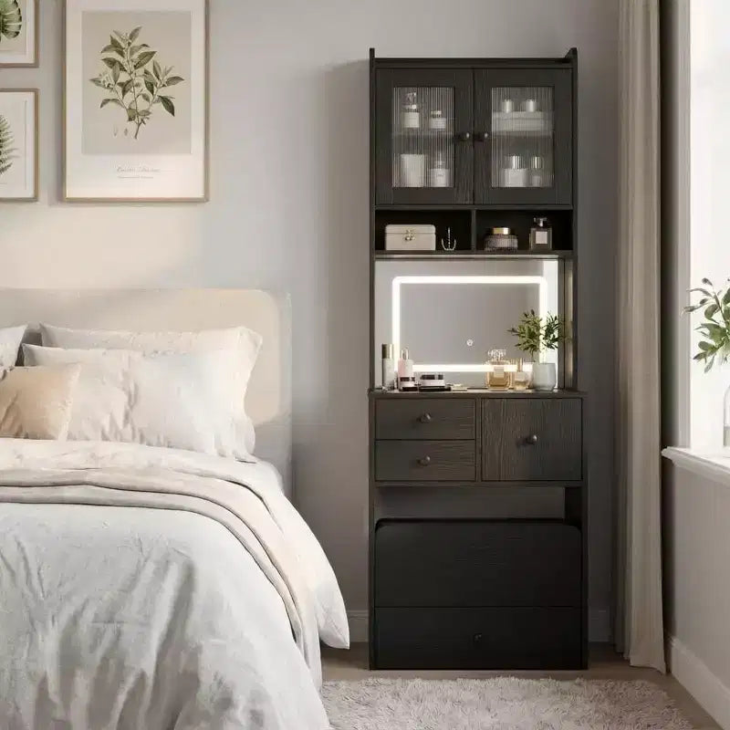 Coiffeuse 3-en-1 avec miroir lumineux, table de toilette compacte avec tiroirs, compartiment de rangement et tabouret roulant pour chambre à coucher
