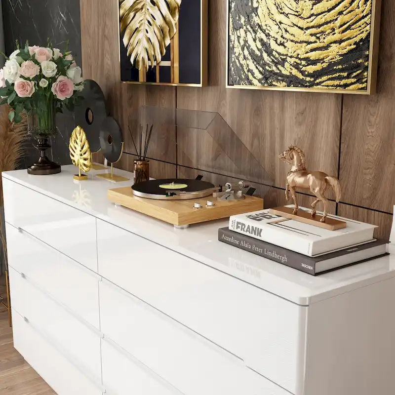 Commode haute brillance 63 po avec 8 tiroirs lumineux et plateau spacieux