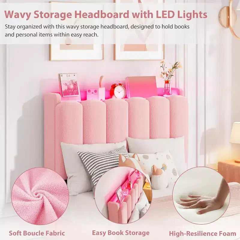 Cadre de lit avec tête de lit de rangement, cadre de lit pour enfant avec 2 tiroirs, lit plateforme capitonné en tissu, tête de lit profilée avec bibliothèque