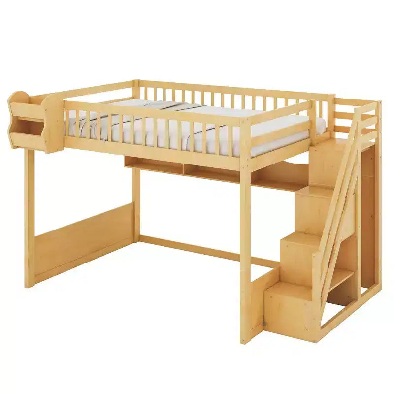 Lit mezzanine double avec escalier, armoire et étagères de rangement – MDF, 295 kg