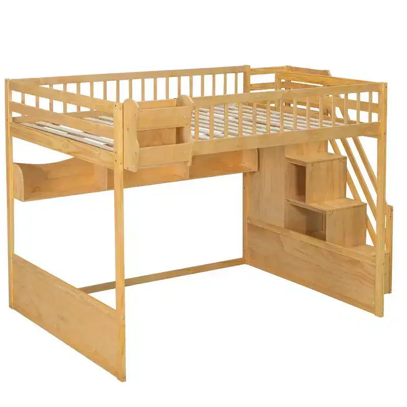 Lit mezzanine double avec escalier, armoire et étagères de rangement – MDF, 295 kg