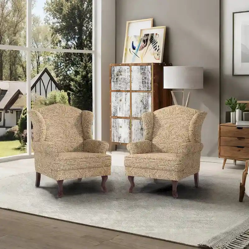 2 fauteuils d'appoint à dossier haut traditionnels, revêtus de tissu