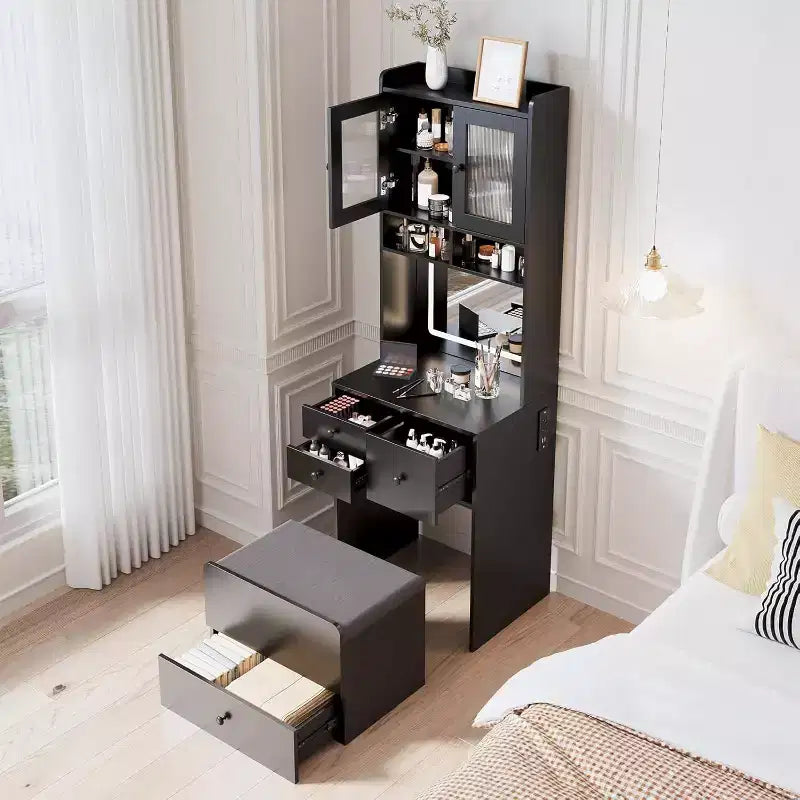 Coiffeuse 3-en-1 avec miroir lumineux, table de toilette compacte avec tiroirs, compartiment de rangement et tabouret roulant pour chambre à coucher