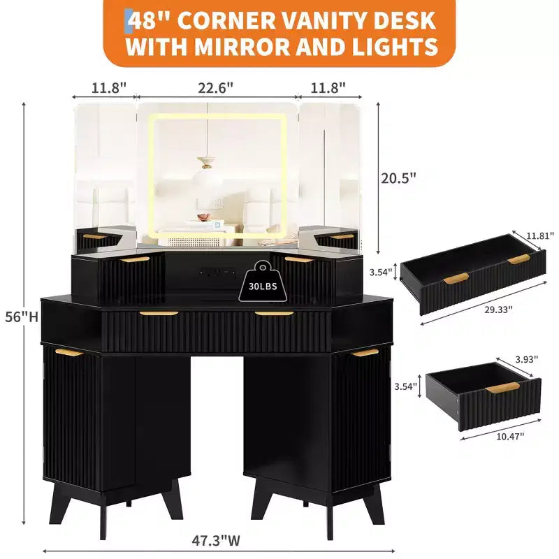 Coiffeuse d'angle 47 po avec miroir et lumière, table de maquillage en bois avec plateau en verre et station de charge, coiffeuse pour chambre à coucher