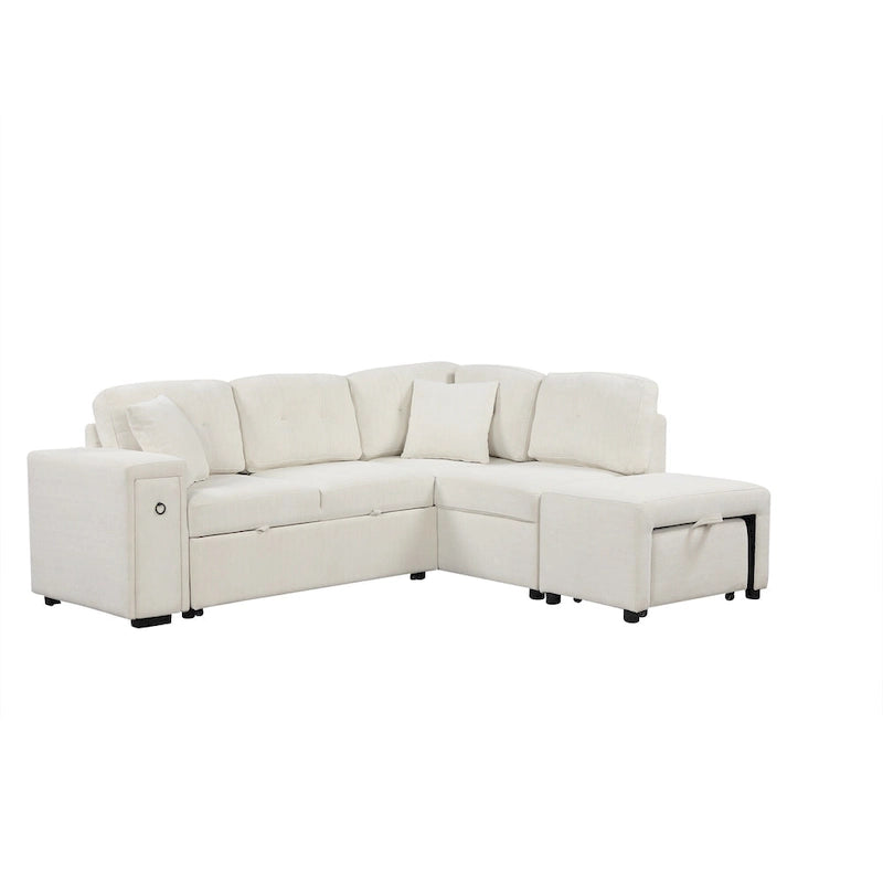 Canapé d'angle 4 places avec lit gigogne, pouf, ports USB et tablette rabattable