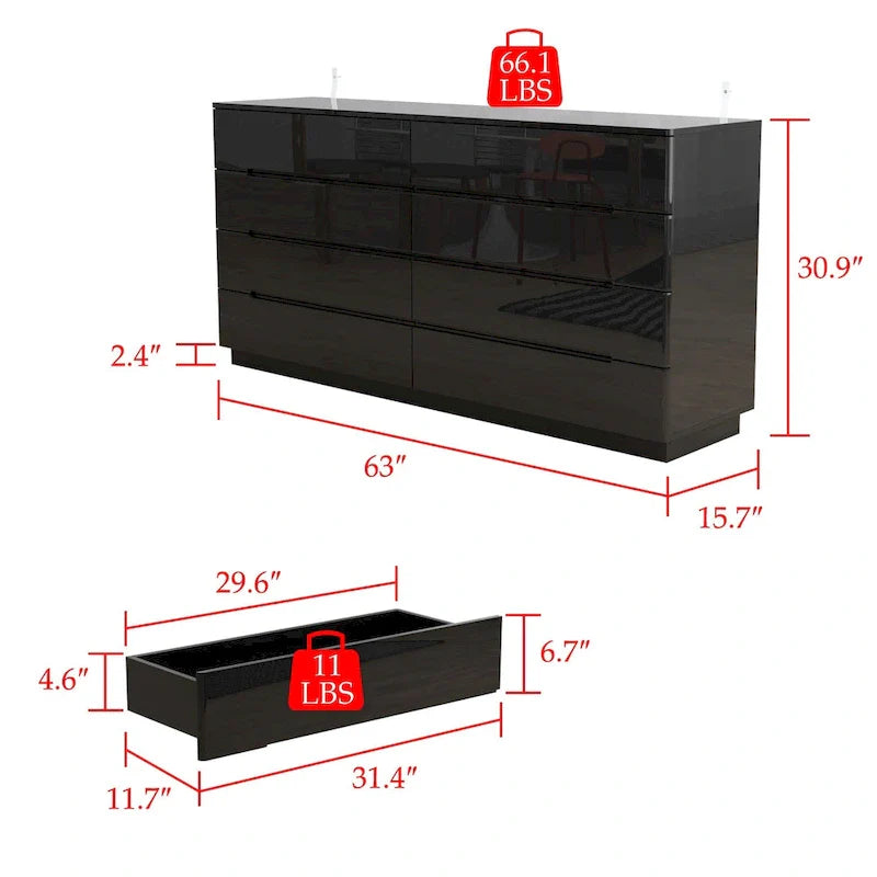 Commode haute brillance 63 po avec 8 tiroirs lumineux et plateau spacieux