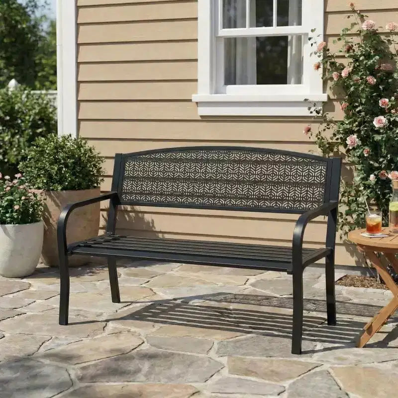 Banc d'extérieur en métal 2 places pour jardin, bancs en acier avec dossier géométrique pour terrasse, jardin et porche