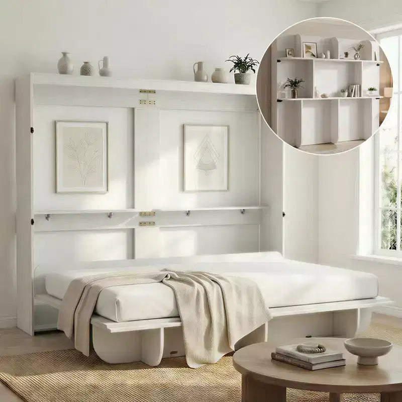Lit escamotable 2-en-1 invisible Murphy avec étagères de rangement, Grand lit (Queen), Bois naturel (Matelas non inclus)