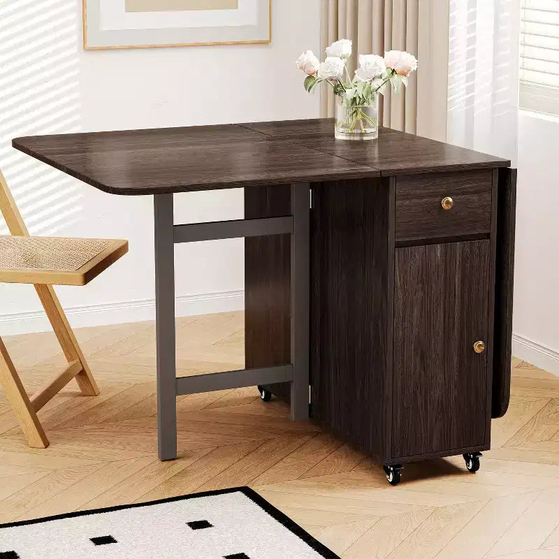 Table de salle à manger pliable ATJafurn 59 avec rabats pour petits espaces, table de cuisine rectangulaire en bois extensible avec roulettes et rangement