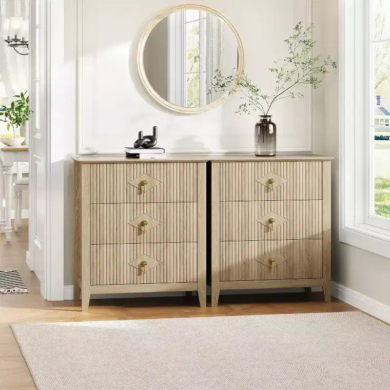 2 tables de chevet cannelées en bois, commode à 3 tiroirs de 69,85 cm de large, tables de nuit modernes, commode de chambre à coucher, salon