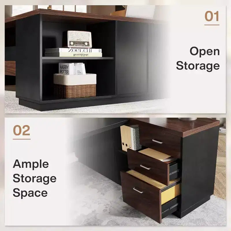 Bureau de direction en L Lantine Modern 78 avec tiroirs et classeur latéral